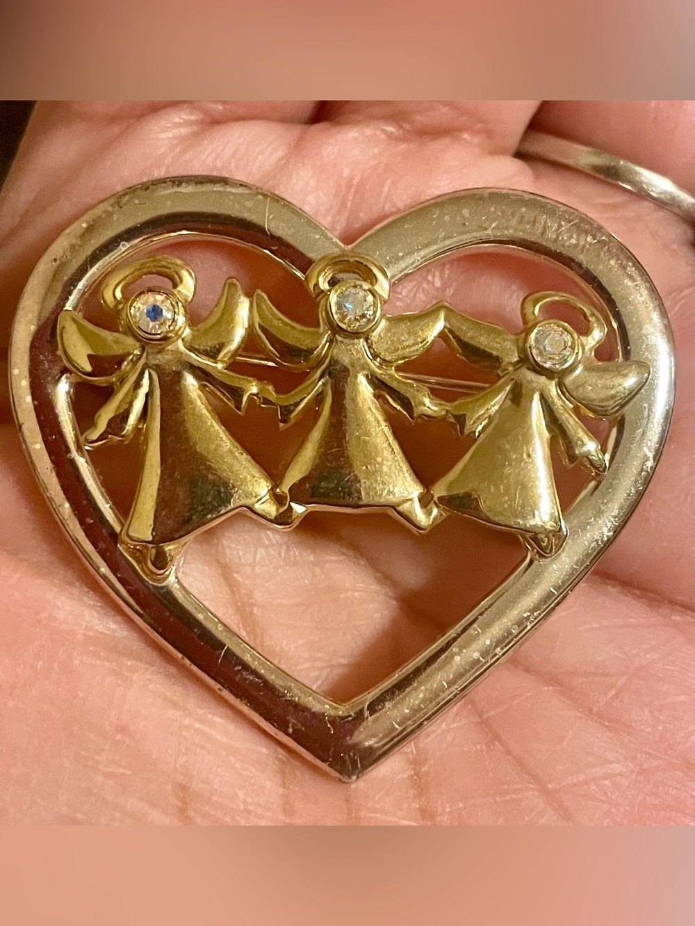 Gold Heart Brooch with Three Angel Figures - Women Jewelry Brooches